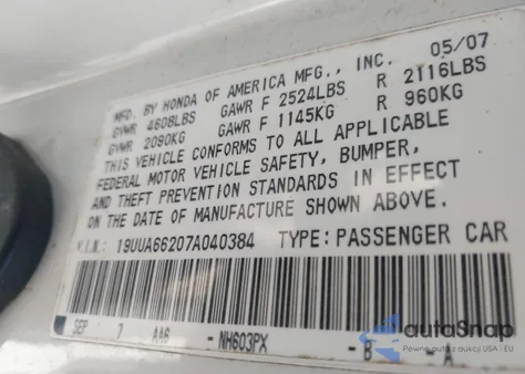 2007 Acura Tl 3.2 из США, поврежденный, VIN 19UUA66207A040384